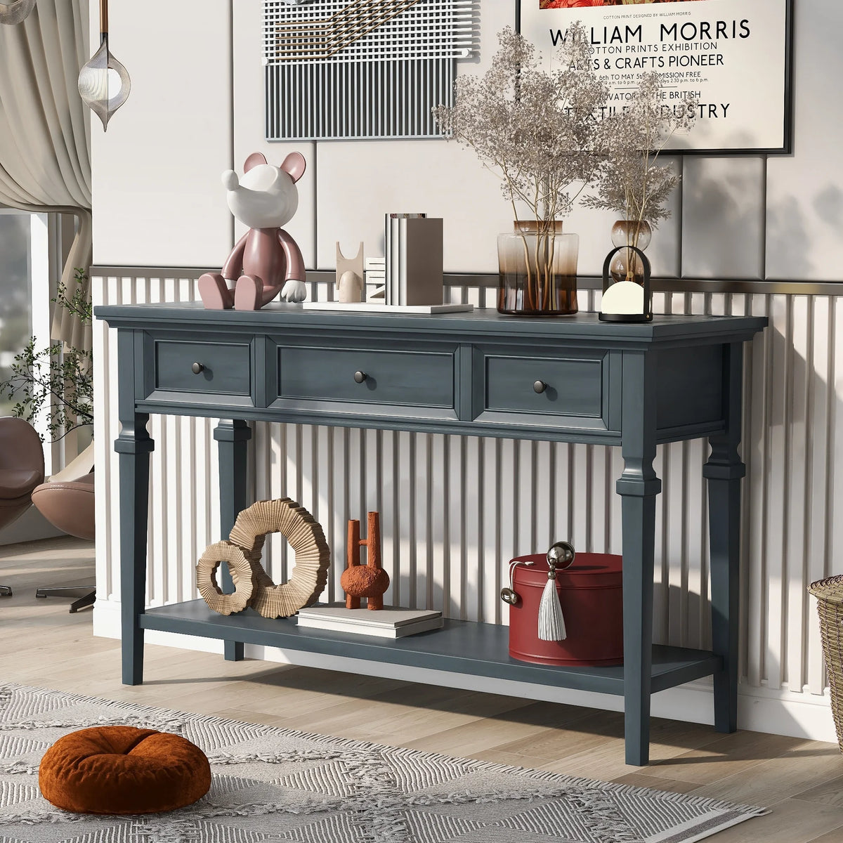 Navy Wooden Console Table with 3 Drawers and Open Shelf T4031