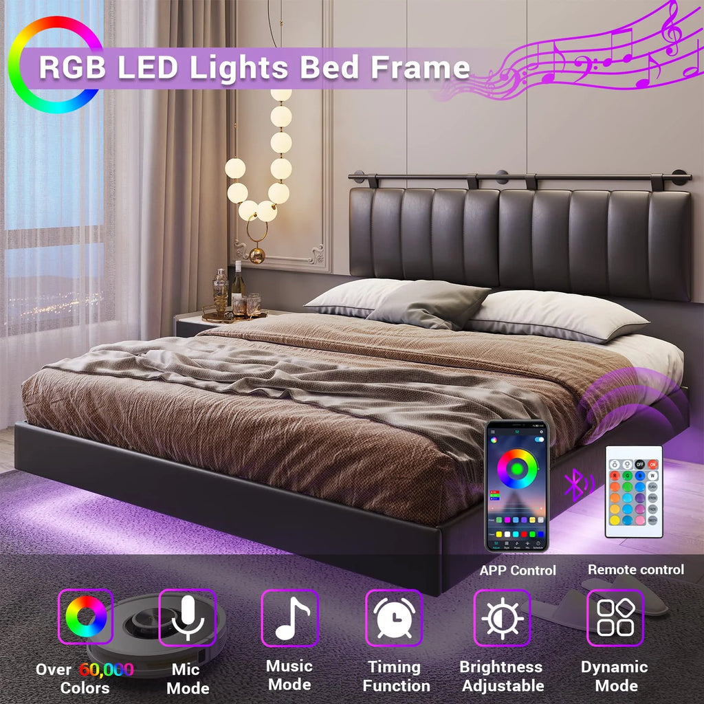White LED Floating Queen Bed Frame with Wall Mounted Headboard F152