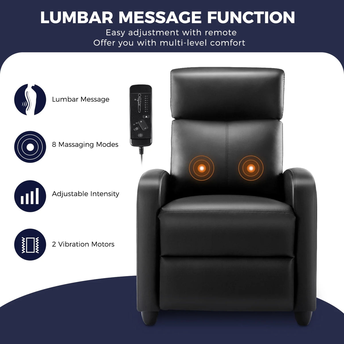 Black PU Leather Single Sofa Recliner Chair with Massage Backrest H8637