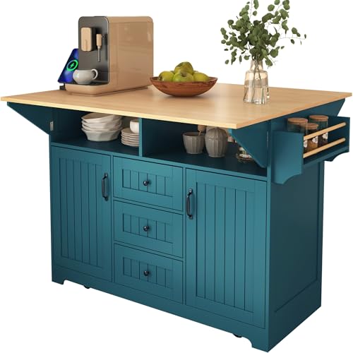 55.7'' Black Rolling Kitchen Island with Drop Leaf and Power Outlet Q14144
