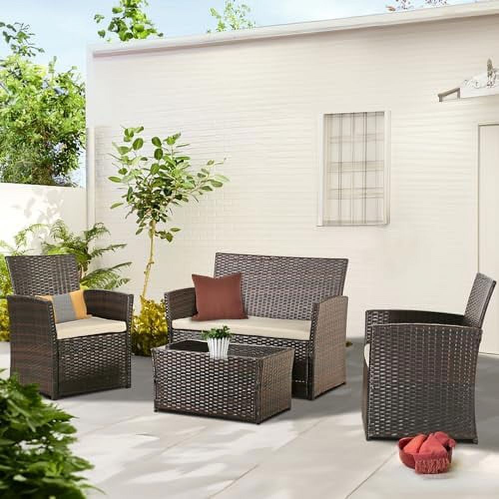 Brown Wicker 4 Piece Rattan Sectional Sofa Set with Table and Loveseat Y3192