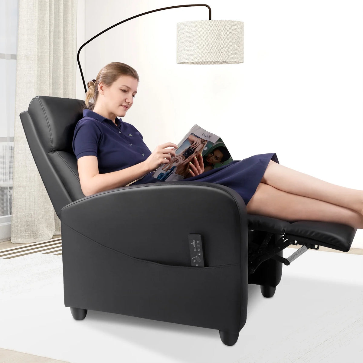 Black PU Leather Single Sofa Recliner Chair with Massage Backrest H8637