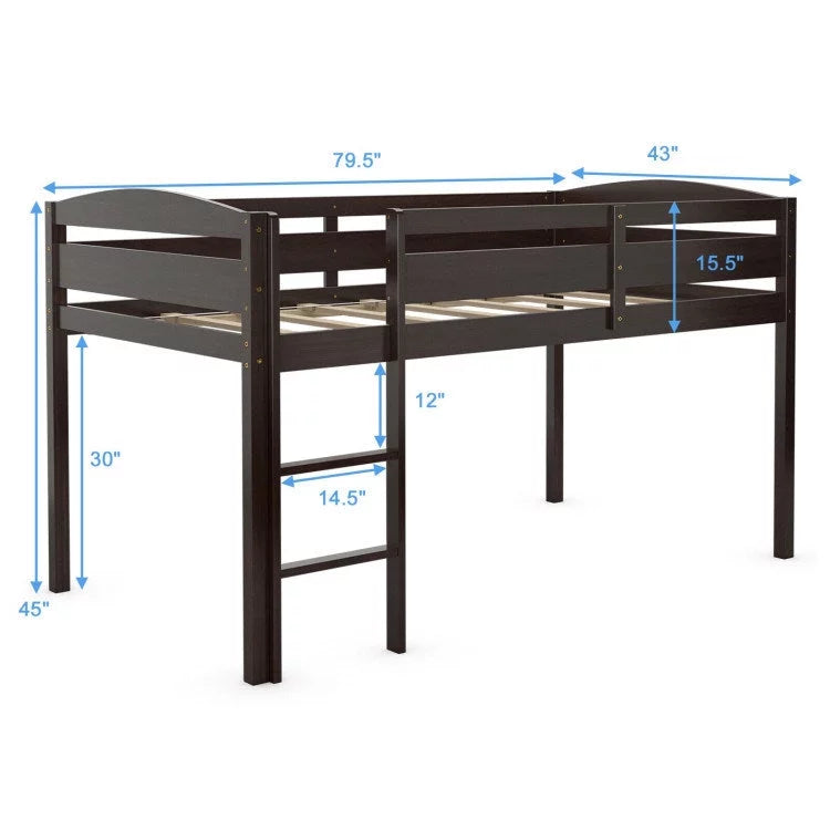 Twin Wooden Low Loft Bunk Bed with Guard Rail and Ladder Q38657