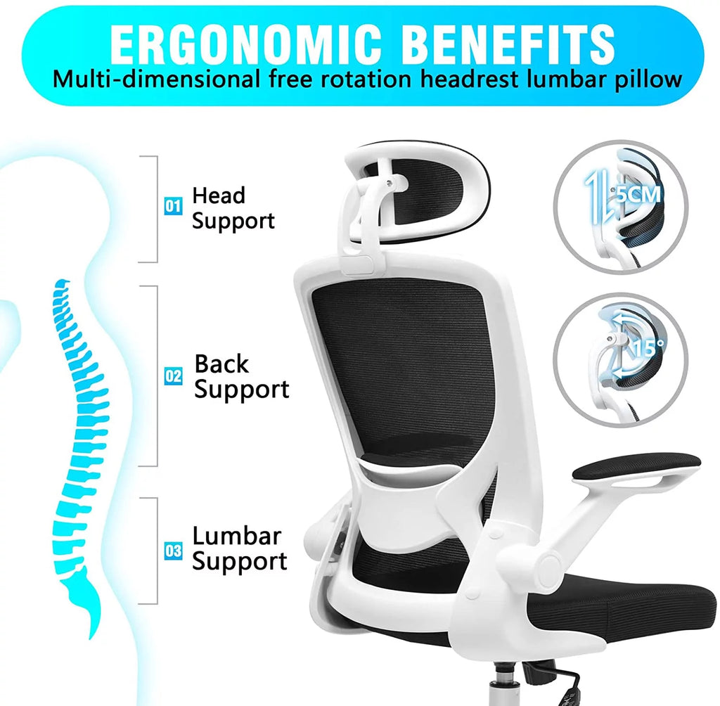 White Ergonomic Office Chair with Headrest and Flip-up Arms Y781