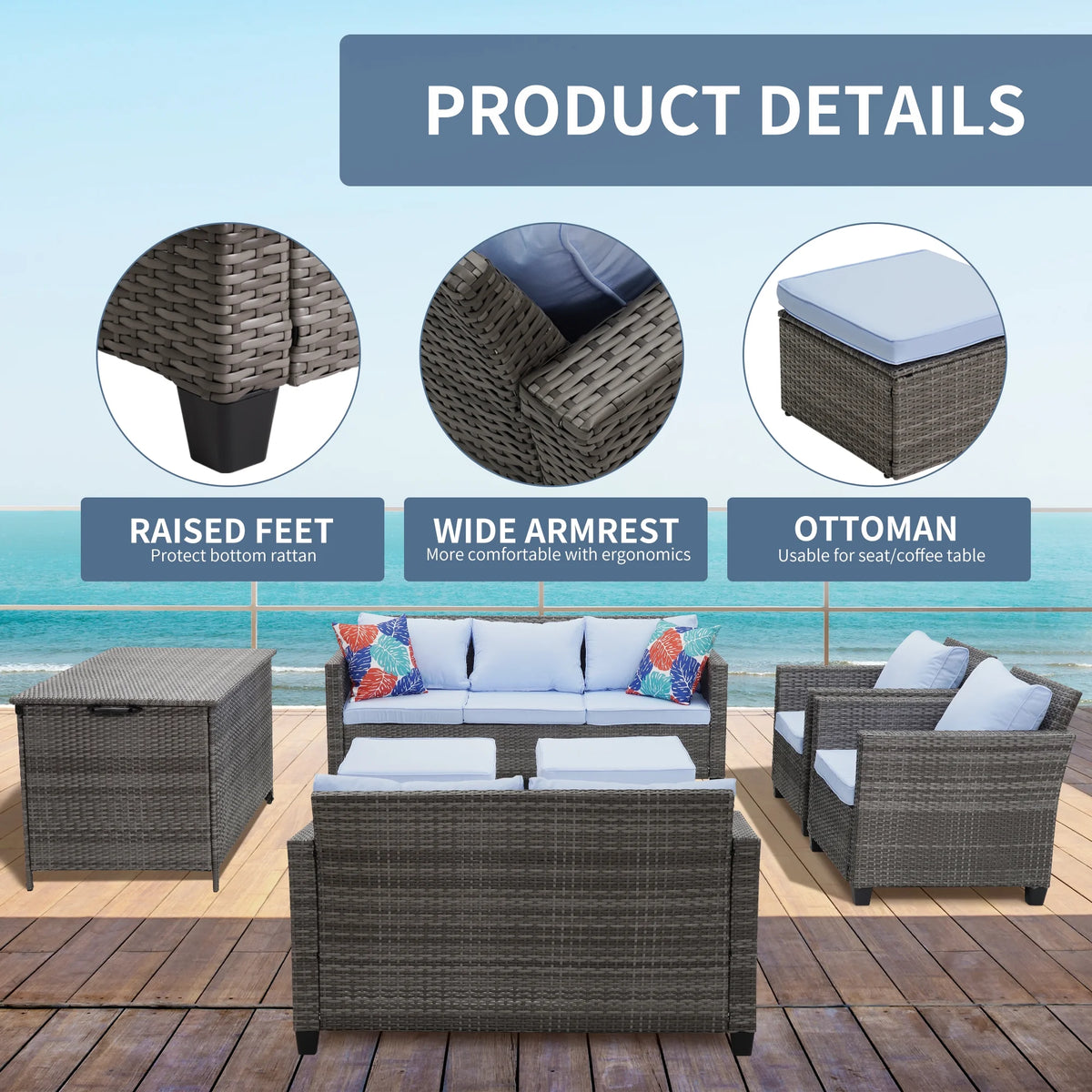 7 Pieces Wicker Rattan Sectional Conversation Set B3024