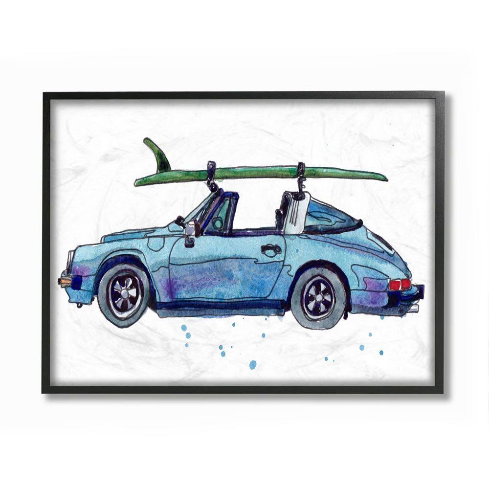 Vintage Blue Car Retro Beach Surf Style Framed 20-in H x 16-in W Coastal Wood Print D51611