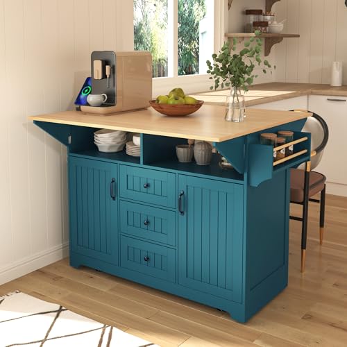 55.7'' Black Rolling Kitchen Island with Drop Leaf and Power Outlet Q14144