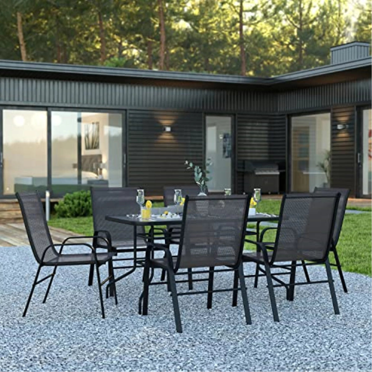 7-Piece Black Rippled Glass Patio Table Set with 6 Chairs X360524