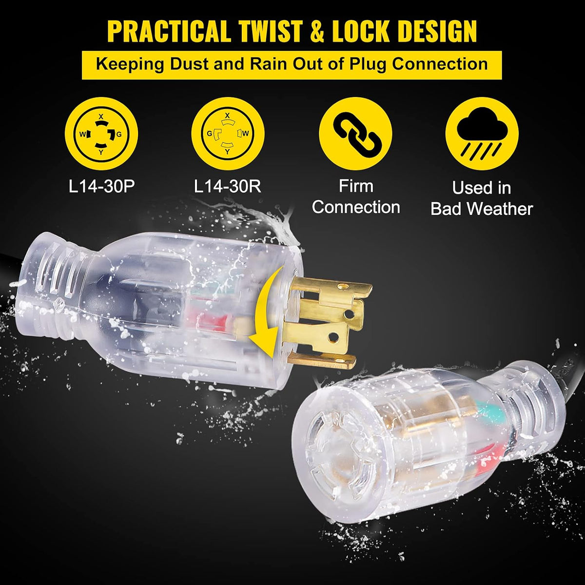 25FT 30AMP 10/4 ETL 7500W 10 Gauge SJTW 125/250V Extension Cord Pack of 2 D1364
