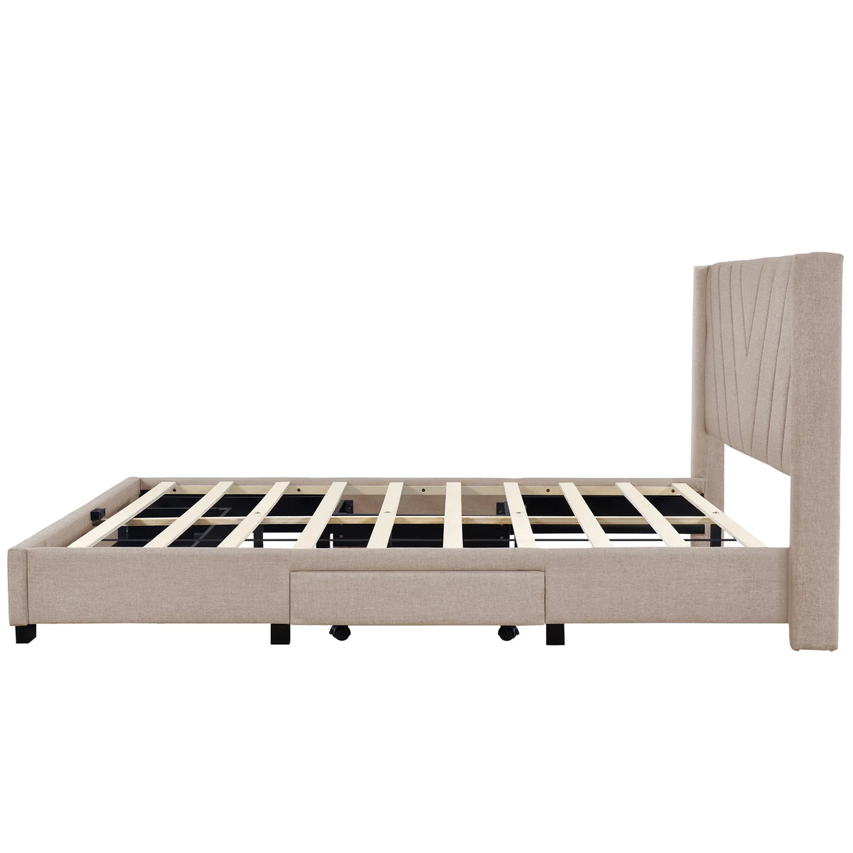 Queen Size Beige Upholstered Platform Bed Frame with Drawer Q45733