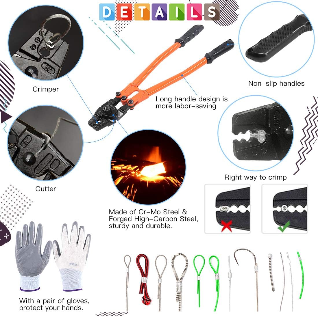 14'' Wire Rope Crimping Tool with Crimp Ferrules and Cable Thimbles V166