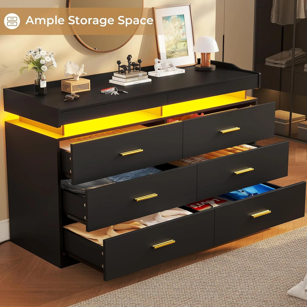 Black 6 Drawer Wooden Dresser with 2 Pull-Out Trays O3864