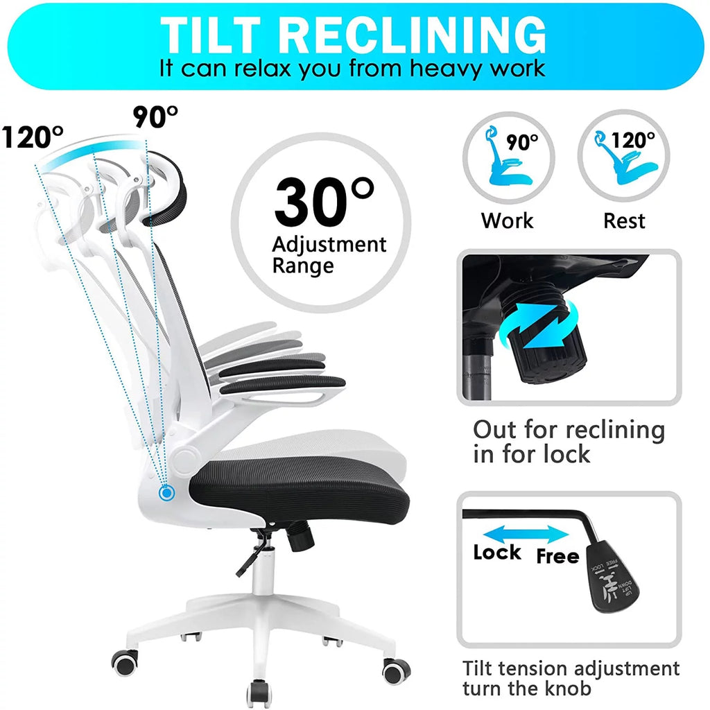 White Ergonomic Office Chair with Headrest and Flip-up Arms Y781
