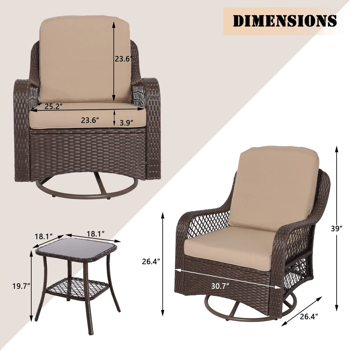 3-Pieces Patio Wicker Furniture Set with Side Table and Cushions Q782