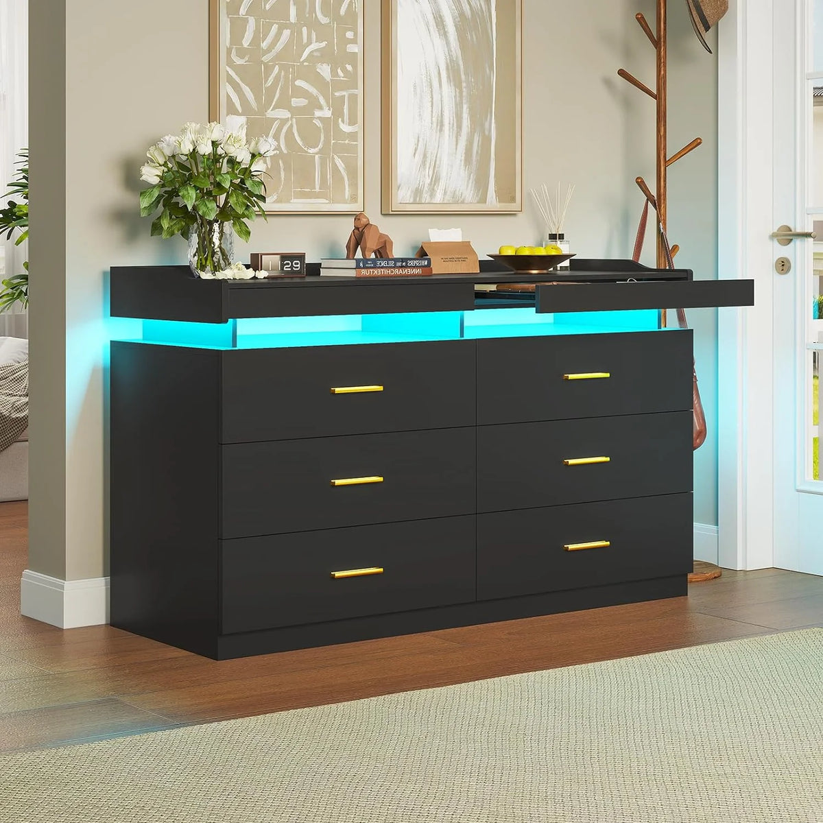 Black 6 Drawer Wooden Dresser with 2 Pull-Out Trays O3864
