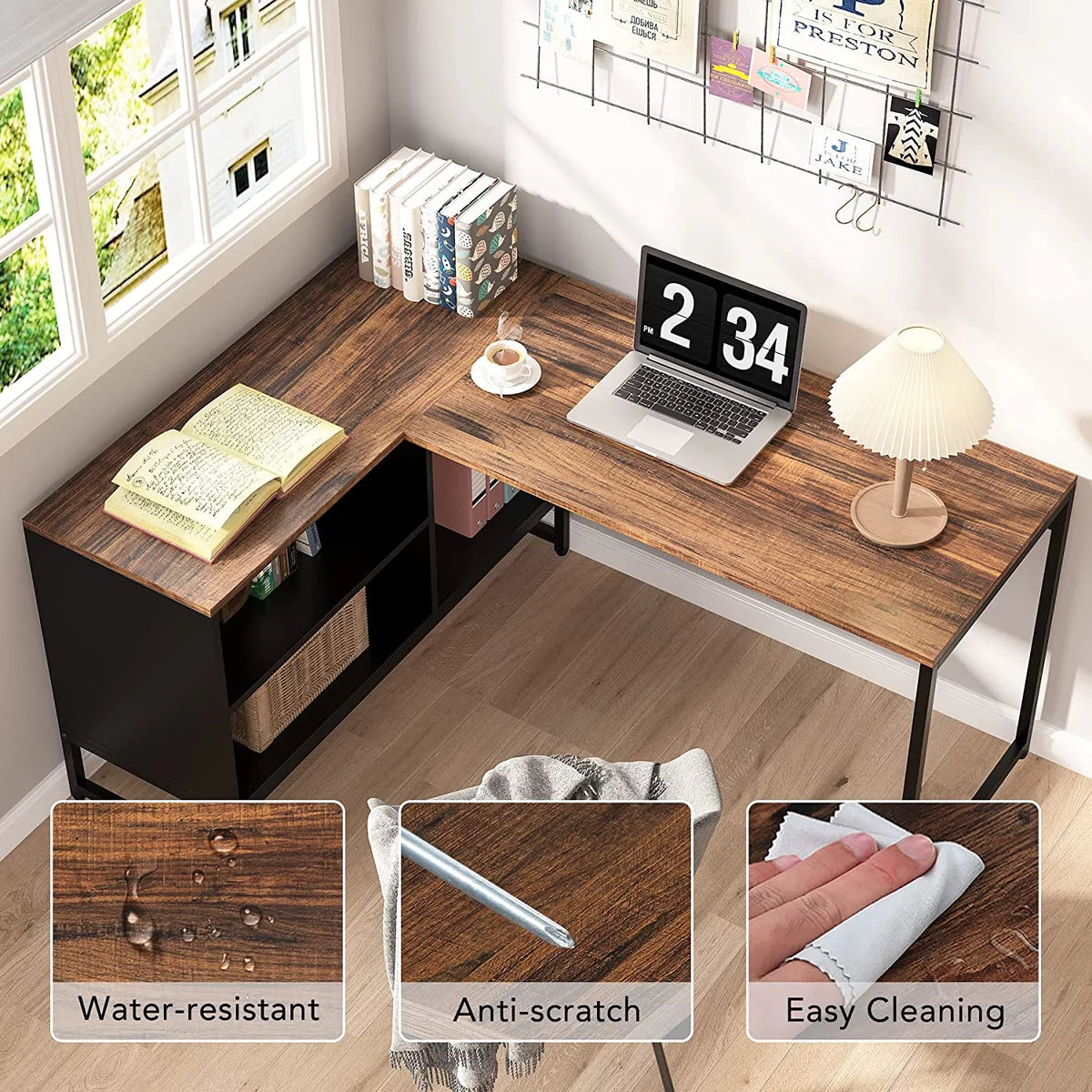 L Shaped Desk with File Cabinet 59 inch Black Rustic Brown A688