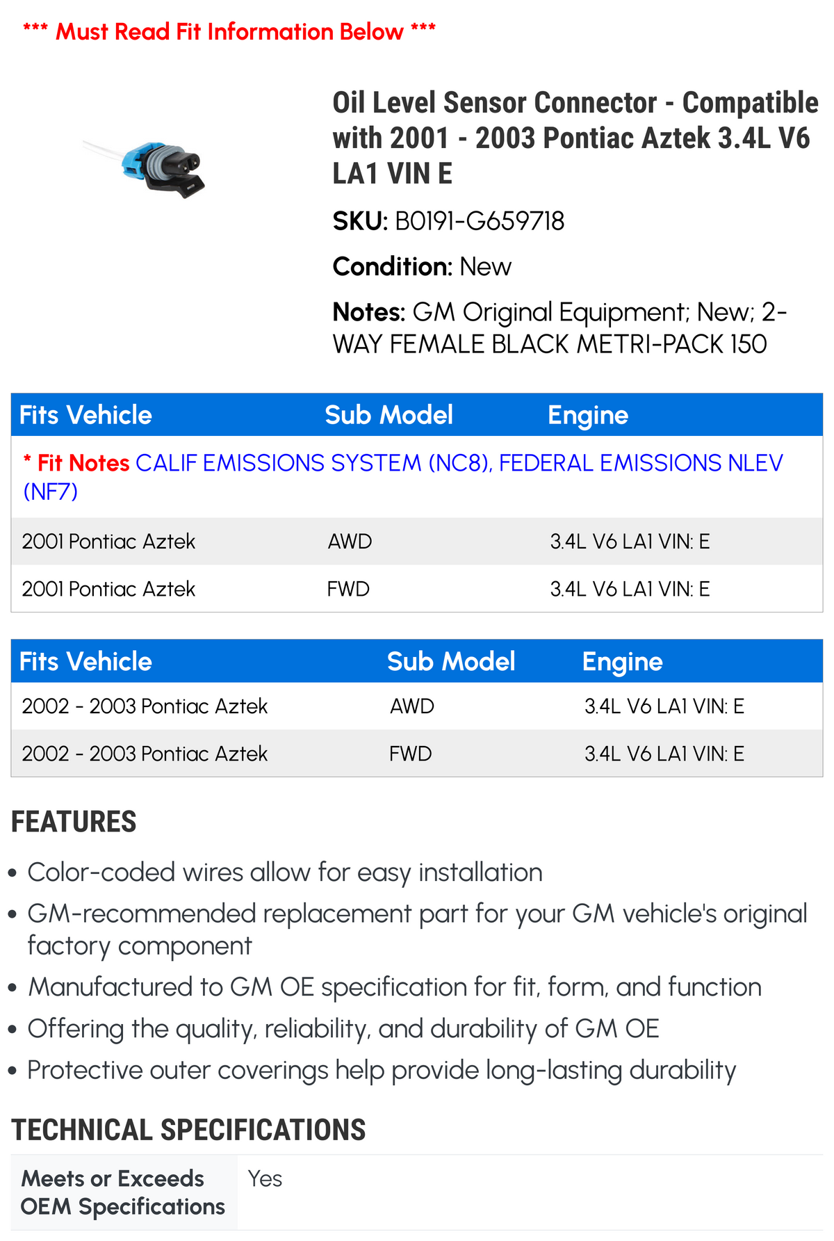 Oil Level Sensor Connector O174