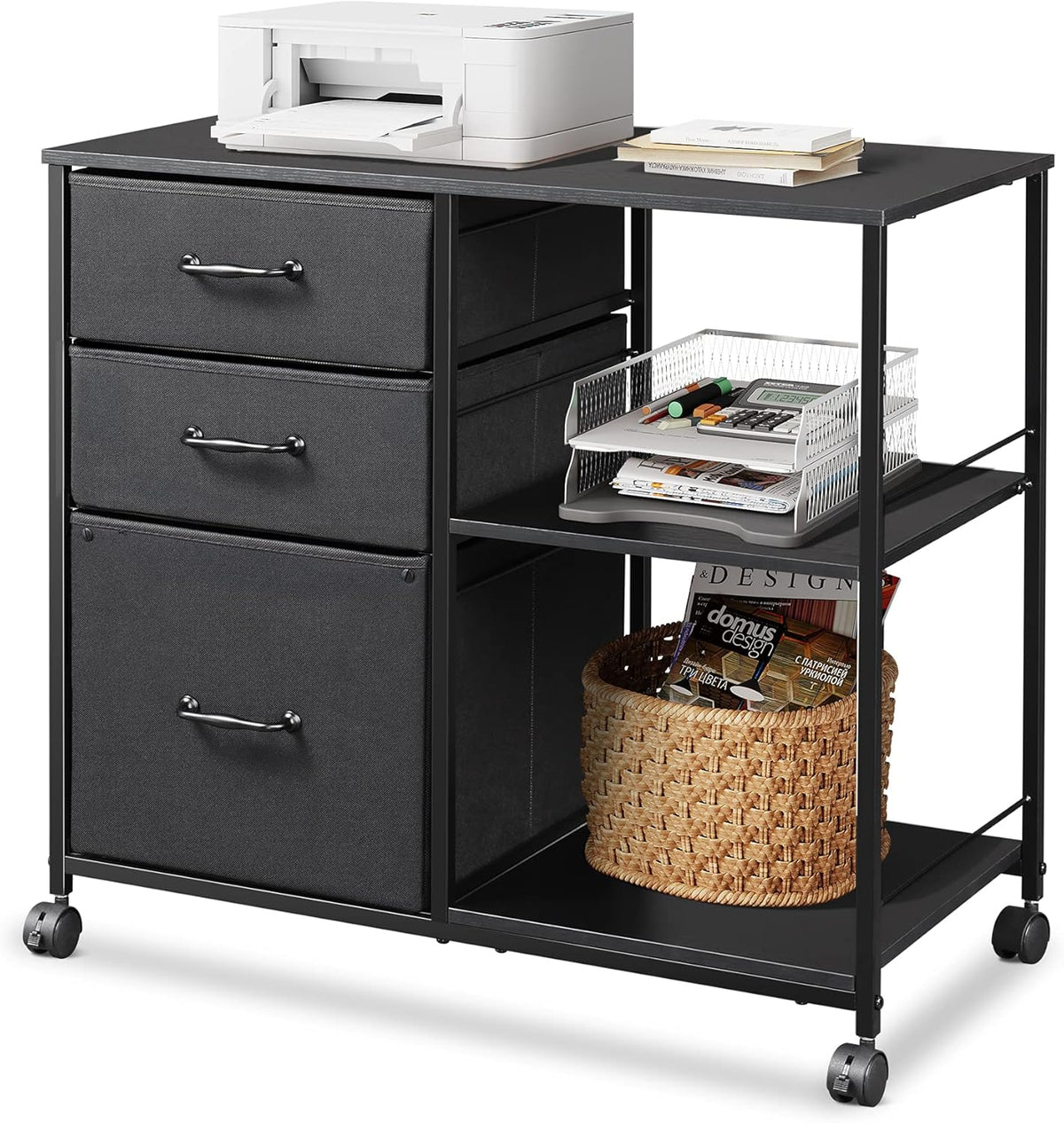 3 Drawer Mobile File Cabinet with Open Storage Shelf, Black Y971