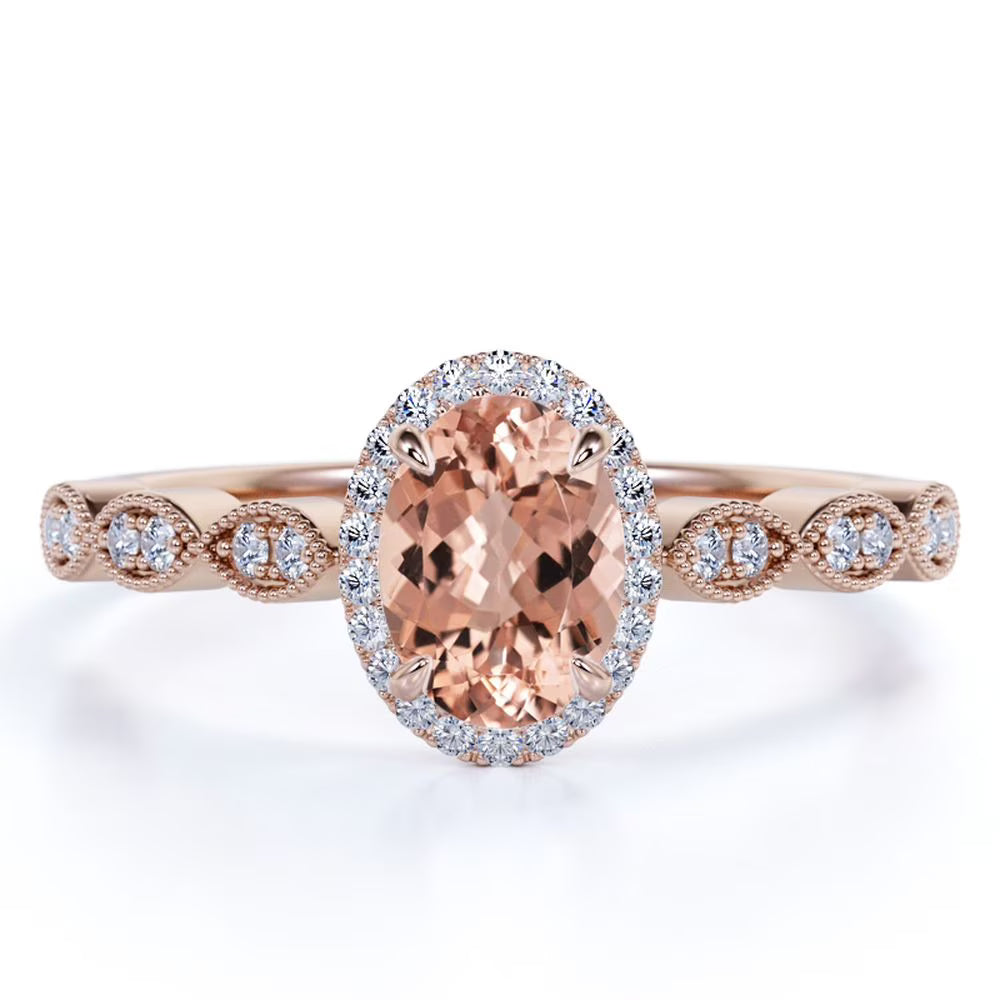 18K Gold Over Sterling Silver Oval Cut Morganite and Moissanite Engagement Ring E319180