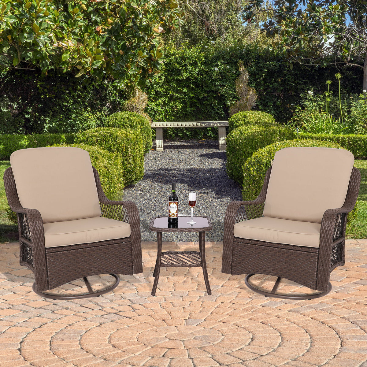 3-Pieces Patio Wicker Furniture Set with Side Table and Cushions Q782