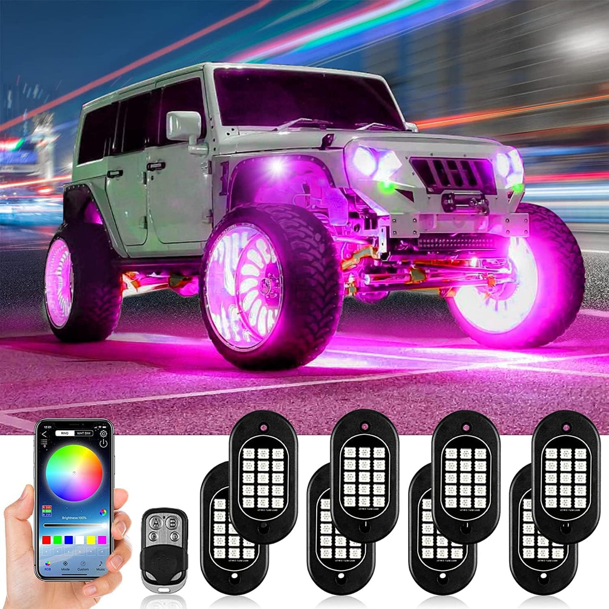 RGB LED Rock Lights, Waterproof Car Neon Light Kit (8 Pods) W487122