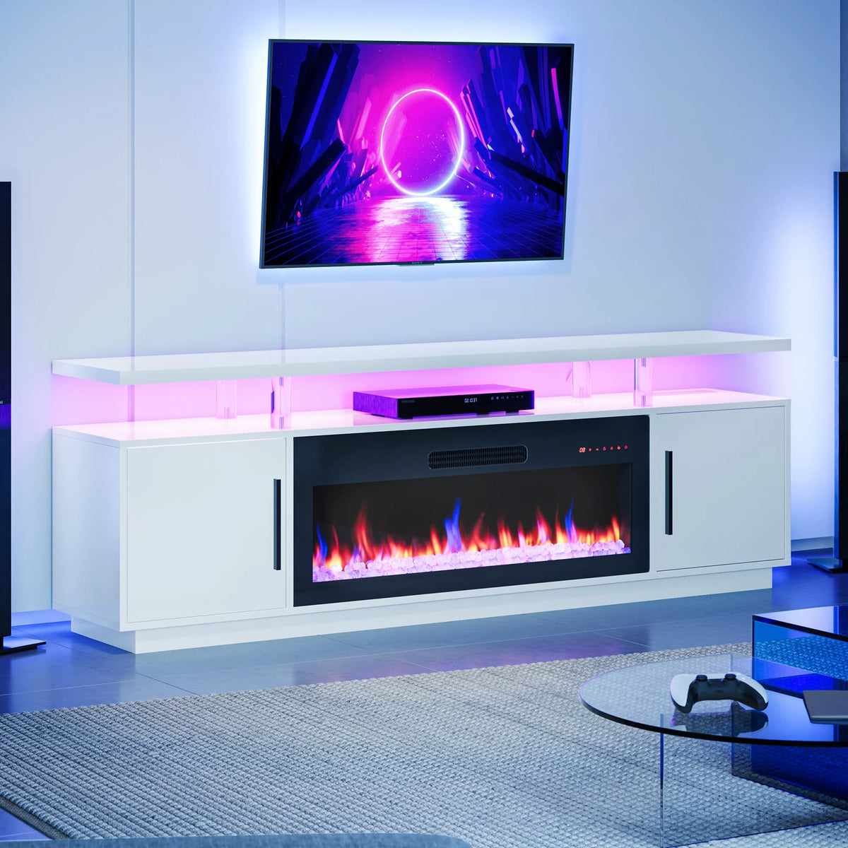 White TV Stand with Electric Fireplace and Storage Cabinet F80642