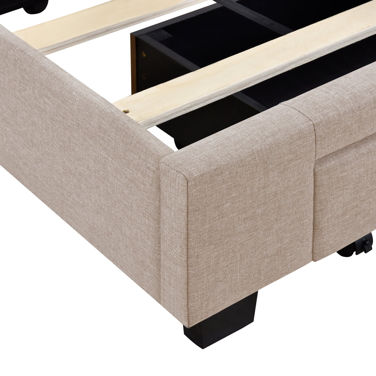 Queen Size Beige Upholstered Platform Bed Frame with Drawer Q45733