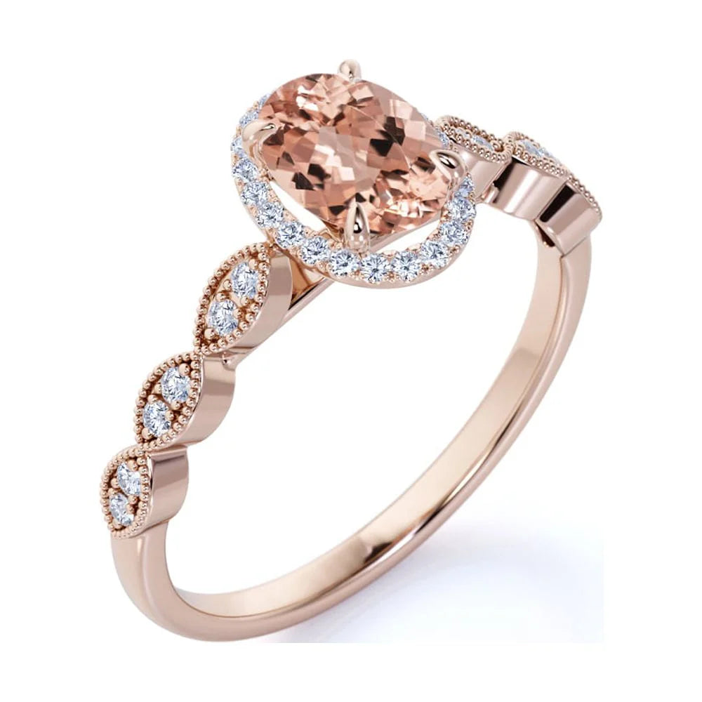 18K Gold Over Sterling Silver Oval Cut Morganite and Moissanite Engagement Ring E319180