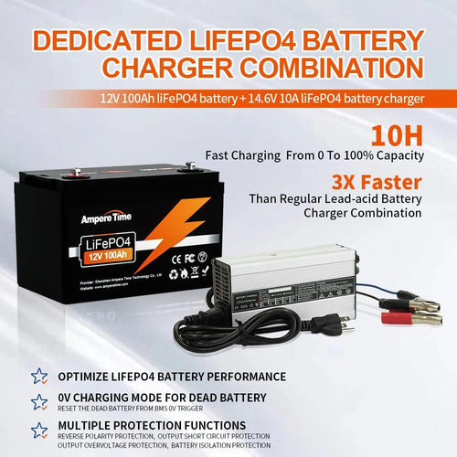 12V 100Ah LiFePO4 Battery with 14.6V 10A Charger H586