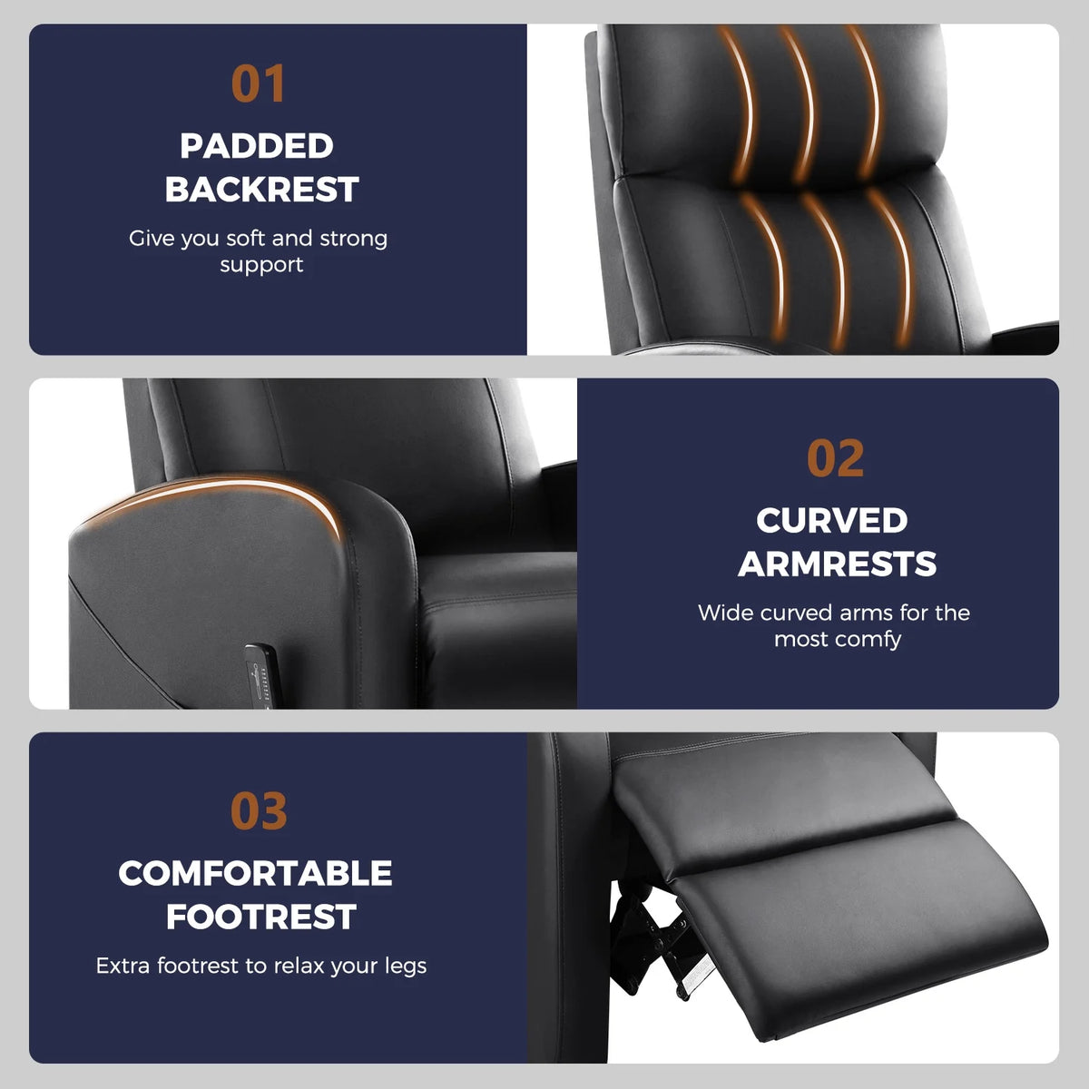 Black PU Leather Single Sofa Recliner Chair with Massage Backrest H8637