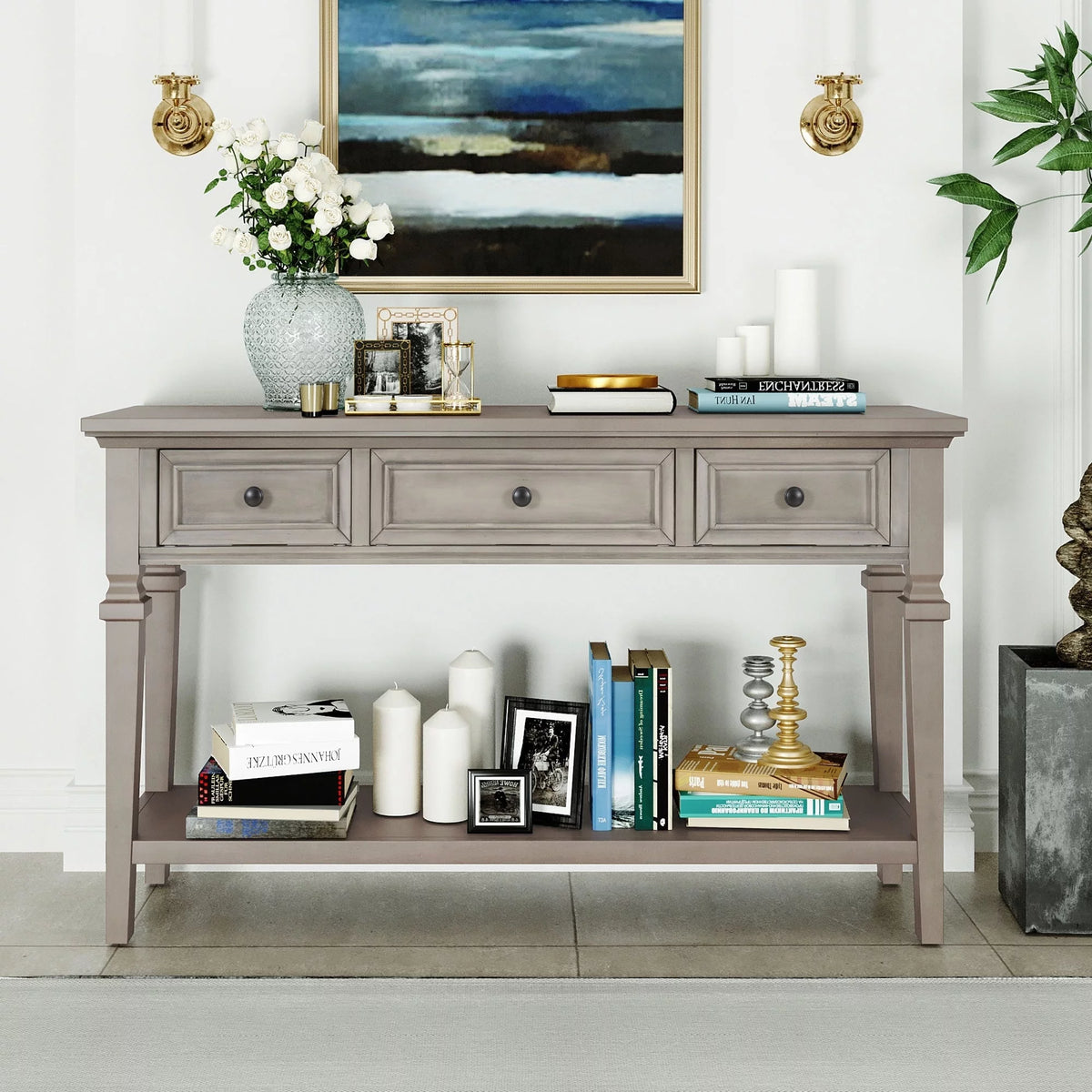 Navy Wooden Console Table with 3 Drawers and Open Shelf T4031