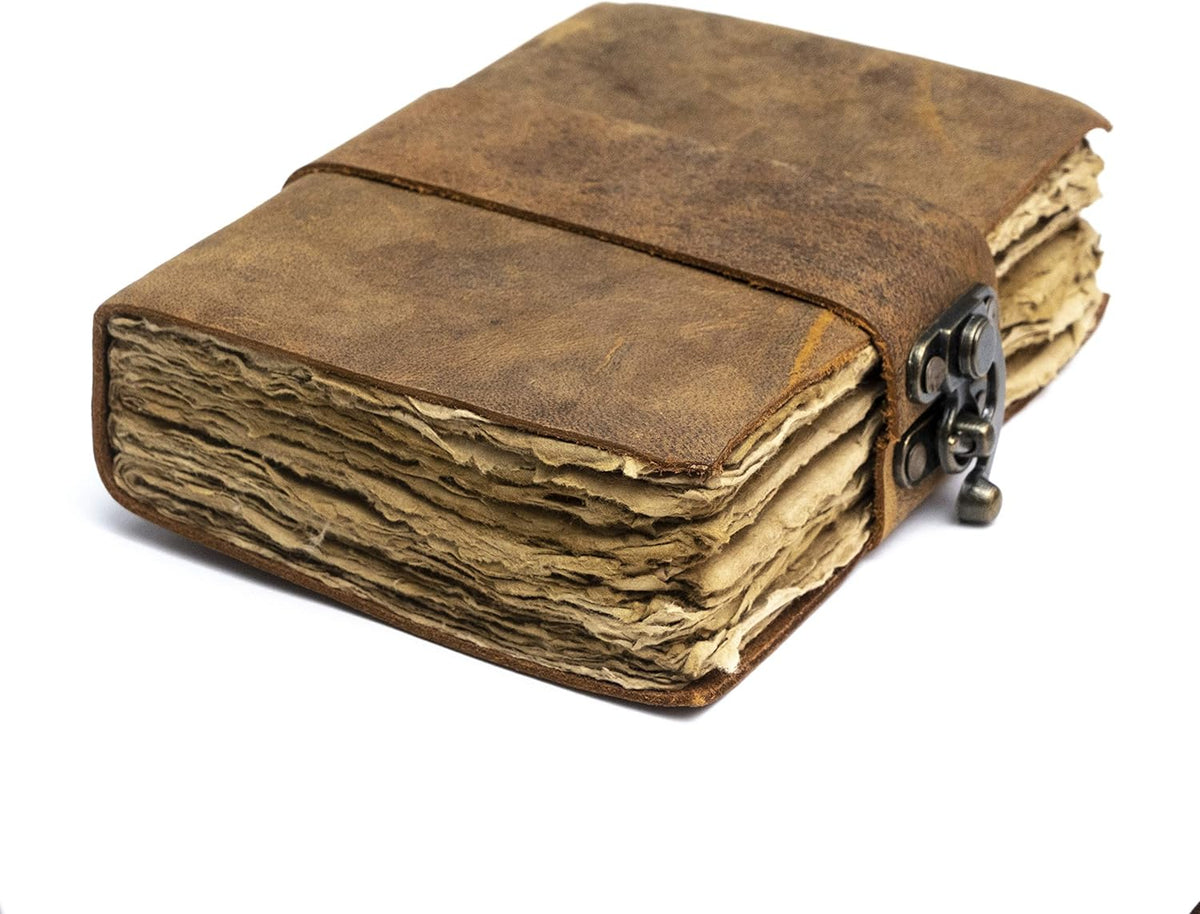 Vintage Leather Journal, Lock Closure, 240 Pages, Antique Deckle Edge Paper, Pack of 2 Y170