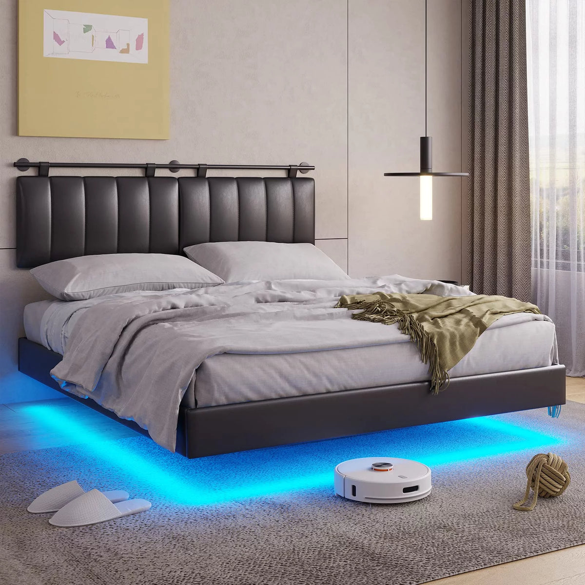 White LED Floating Queen Bed Frame with Wall Mounted Headboard F152