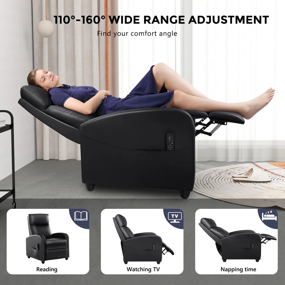 Black PU Leather Single Sofa Recliner Chair with Massage Backrest H8637