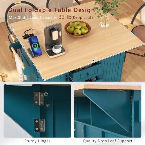 55.7'' Black Rolling Kitchen Island with Drop Leaf and Power Outlet Q14144