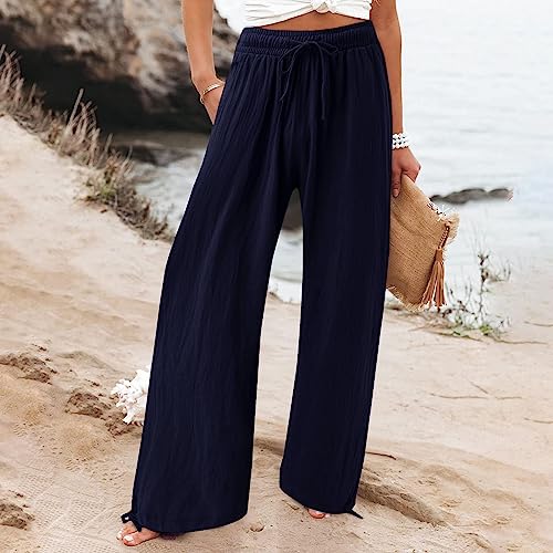 Loose Wide Leg Beach Pants with Elastic High Waist T404