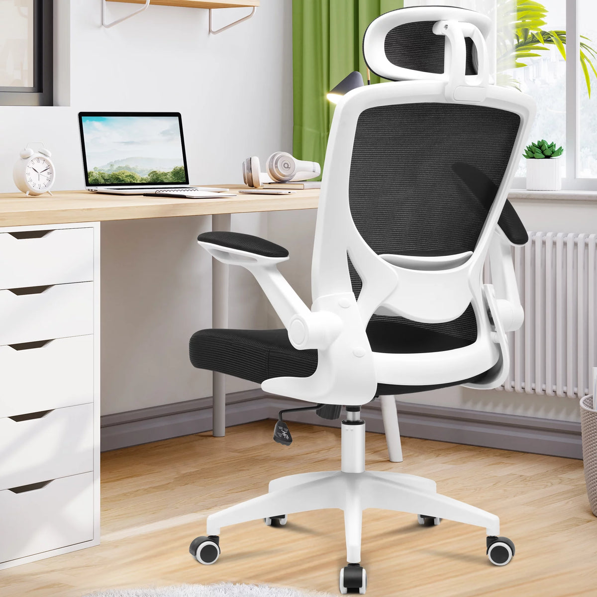 White Ergonomic Office Chair with Headrest and Flip-up Arms Y781