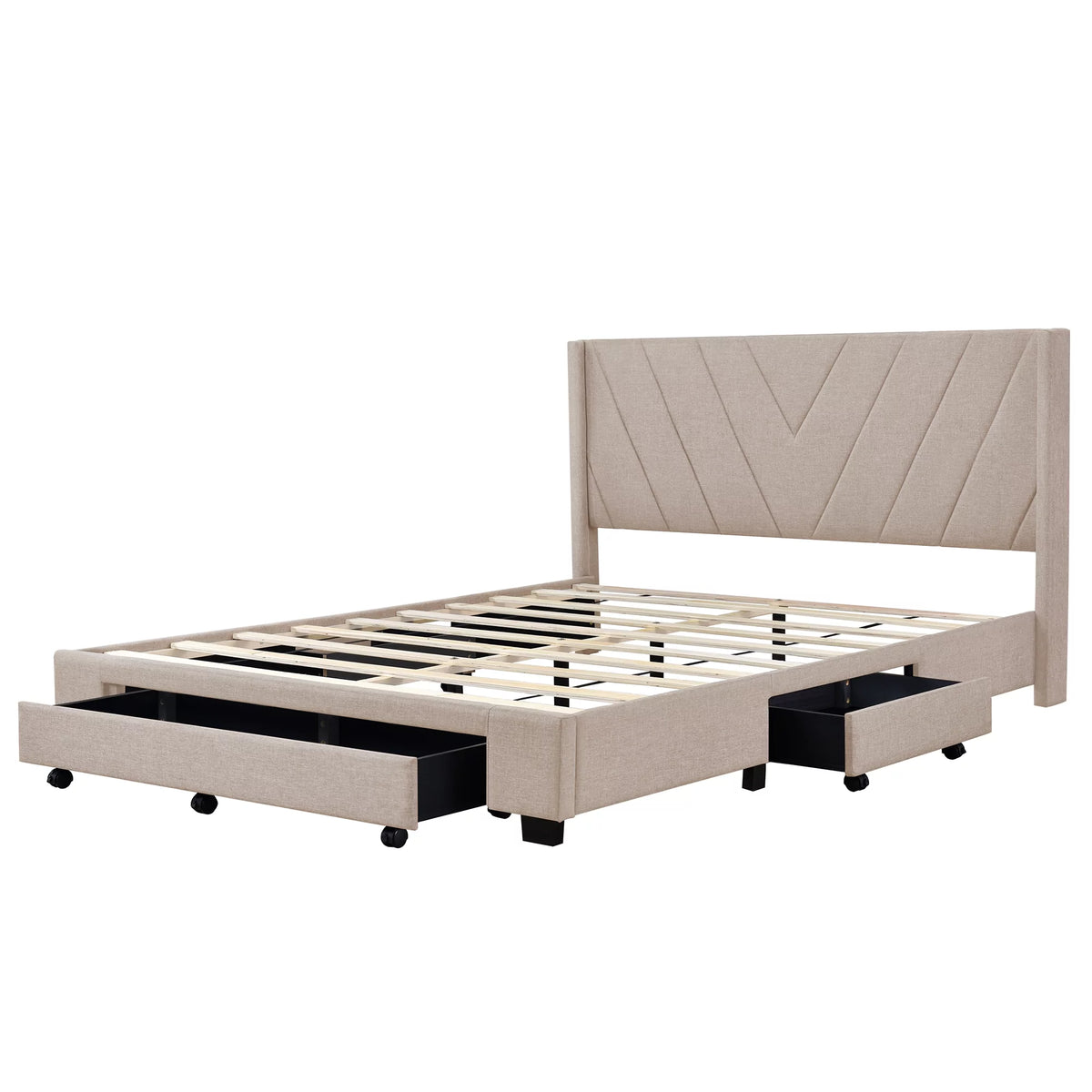 Queen Size Beige Upholstered Platform Bed Frame with Drawer Q45733