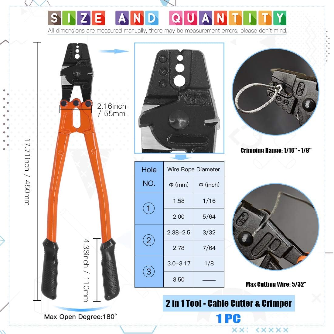 14'' Wire Rope Crimping Tool with Crimp Ferrules and Cable Thimbles V166