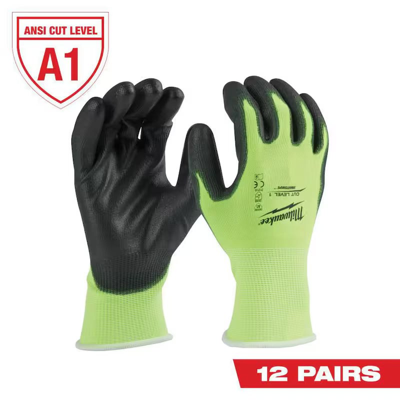 High Visibility Level 1 Cut Resistant Polyurethane Dipped Work Gloves 12-Pack L651621