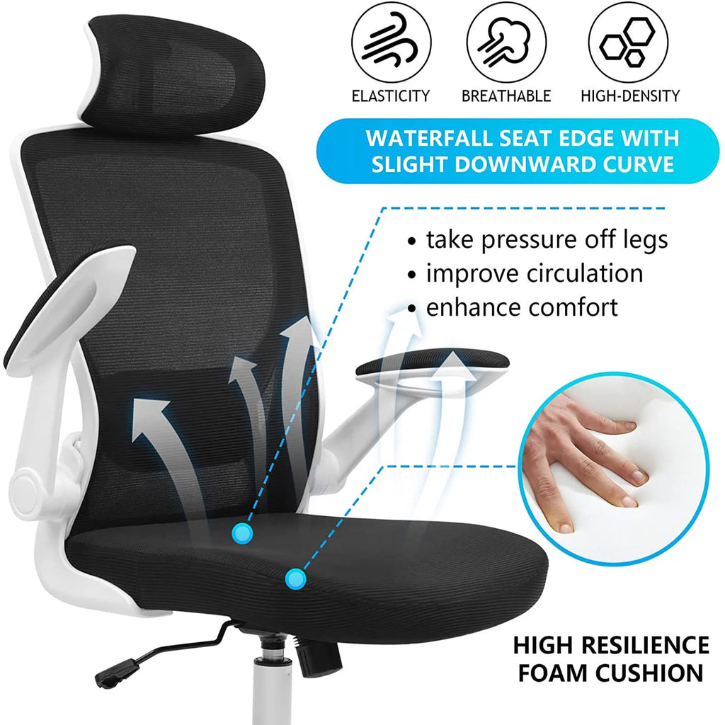 White Ergonomic Office Chair with Headrest and Flip-up Arms Y781