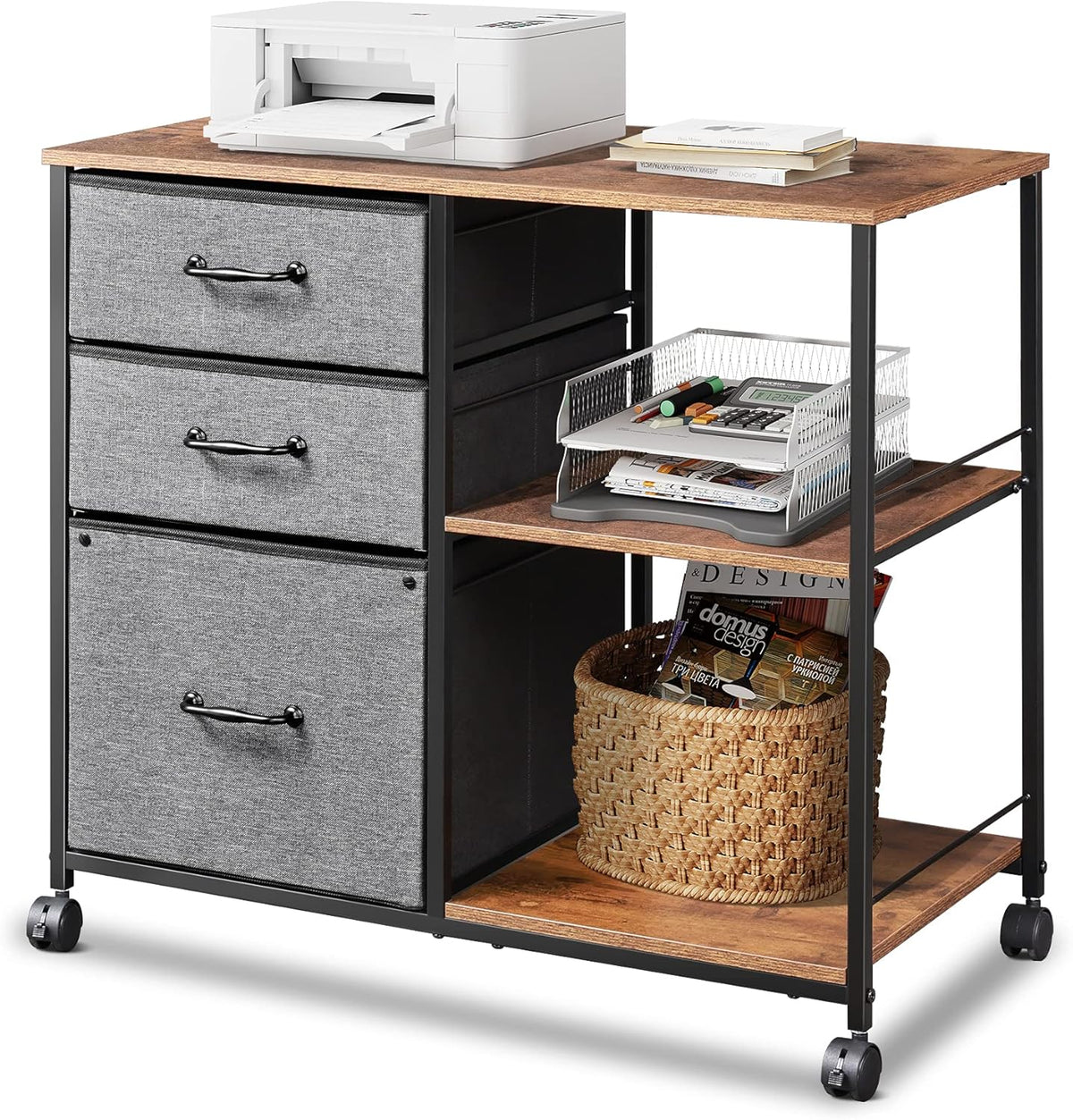 3 Drawer Mobile File Cabinet with Open Storage Shelf, Black Y971