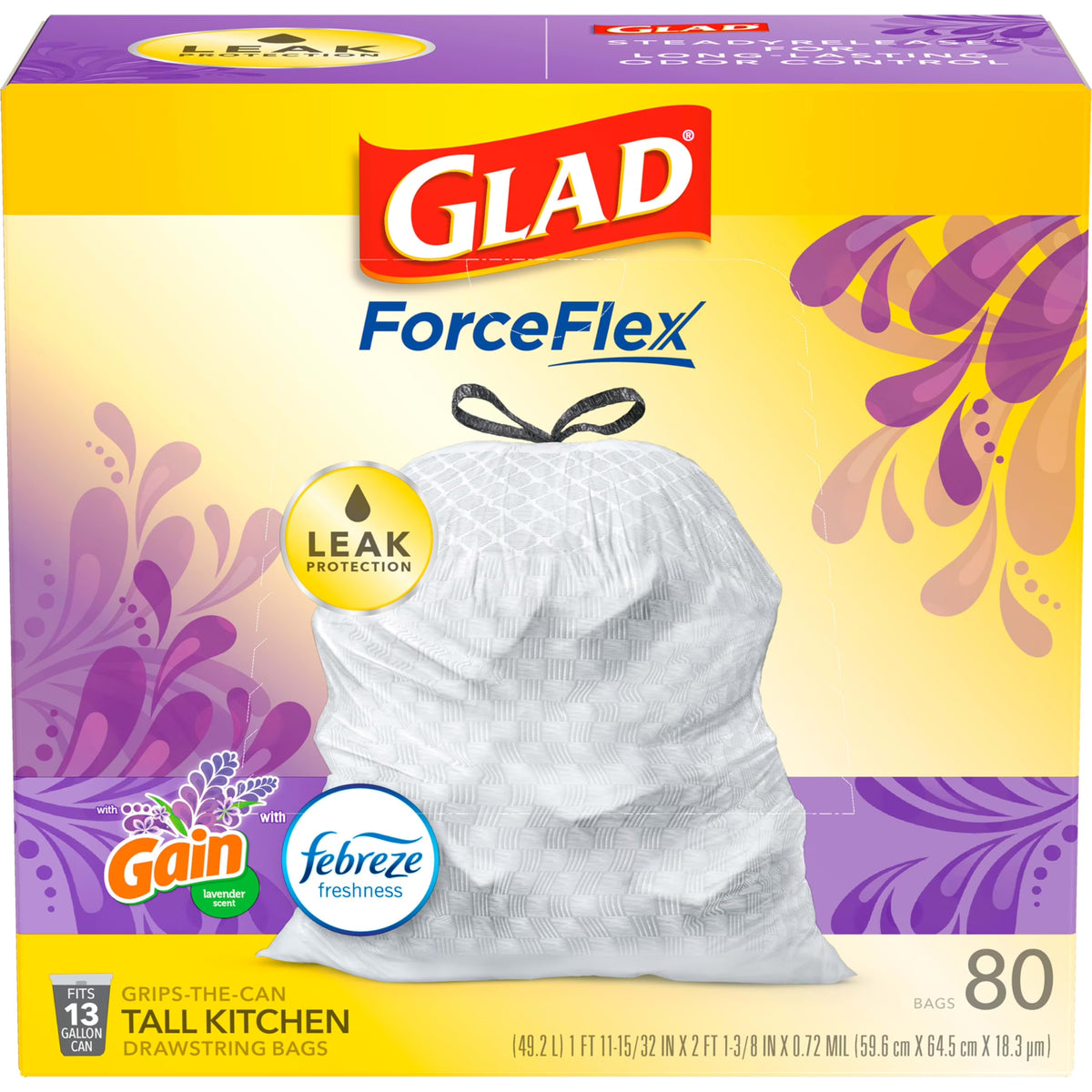 Glad ForceFlex Tall Kitchen Trash Bags, 13 Gallon, Lavender, 80 Count V4003
