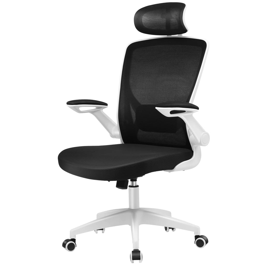 White Ergonomic Office Chair with Headrest and Flip-up Arms Y781