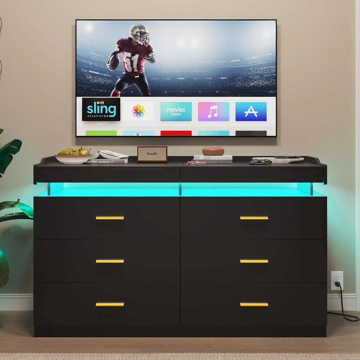 Black 6 Drawer Wooden Dresser with 2 Pull-Out Trays O3864