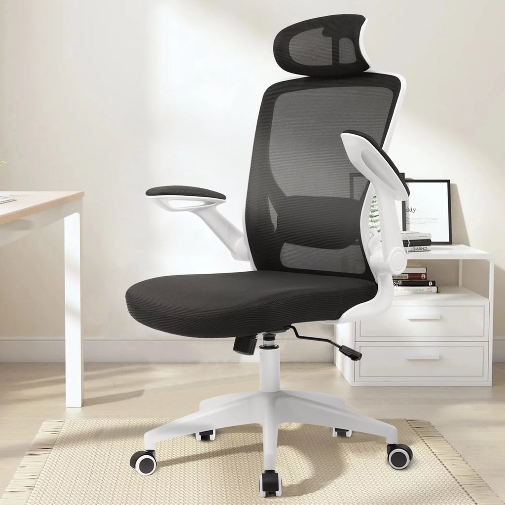 White Ergonomic Office Chair with Headrest and Flip-up Arms Y781