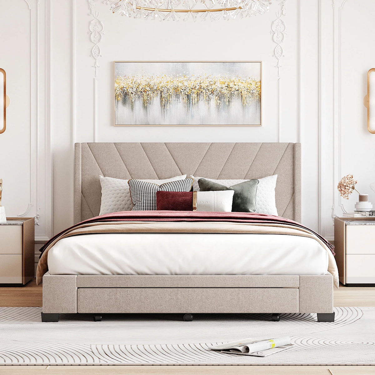Queen Size Beige Upholstered Platform Bed Frame with Drawer Q45733