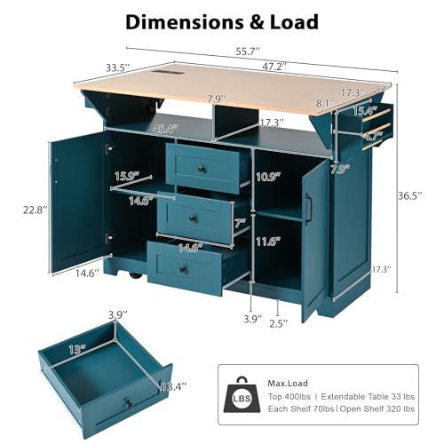 55.7'' Black Rolling Kitchen Island with Drop Leaf and Power Outlet Q14144