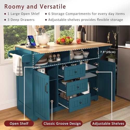 55.7'' Black Rolling Kitchen Island with Drop Leaf and Power Outlet Q14144