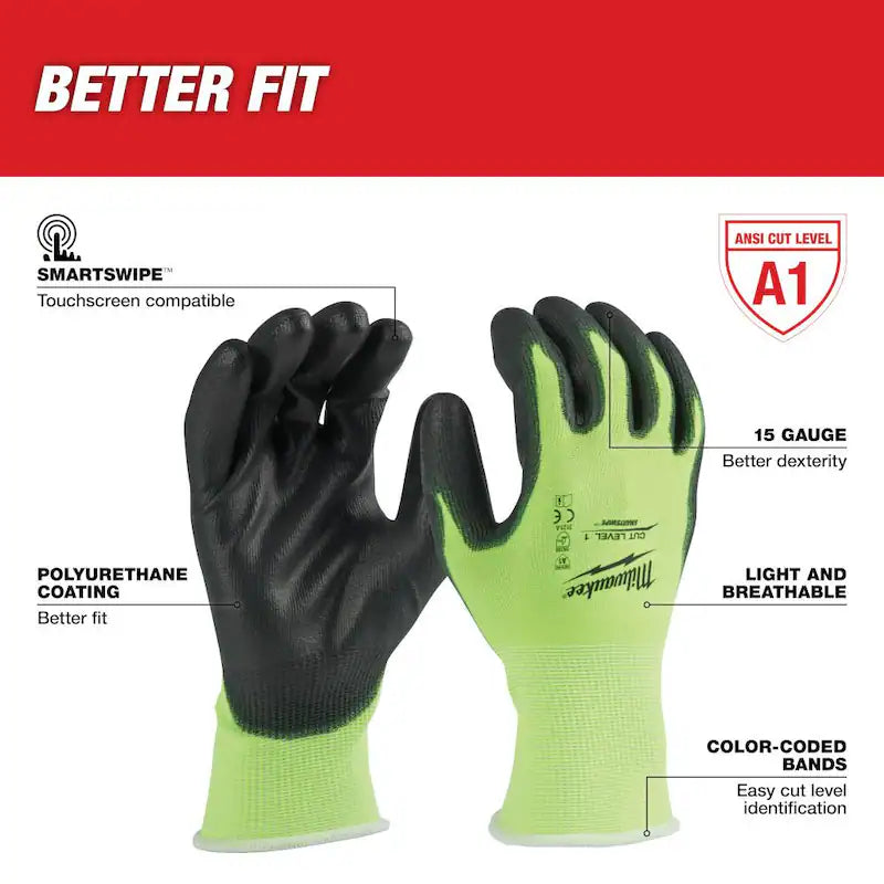 High Visibility Level 1 Cut Resistant Polyurethane Dipped Work Gloves 12-Pack L651621
